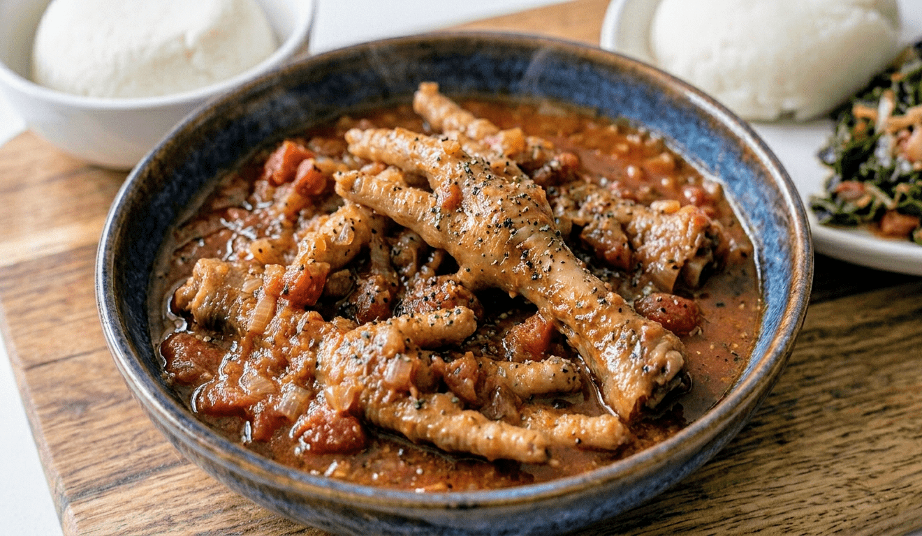 A chicken feet stew in tomato and onion gravy with a side of nshima and vegetables