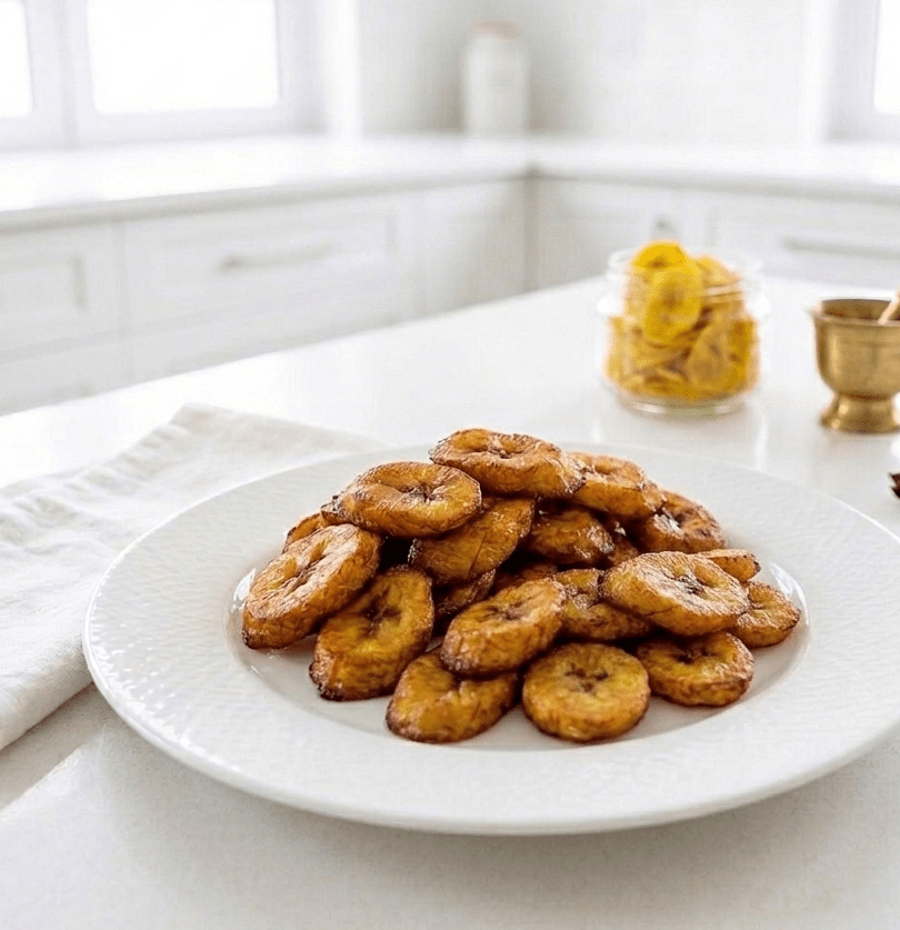 A white plate having fried plantain on it with a jar of crisp plantain in the background