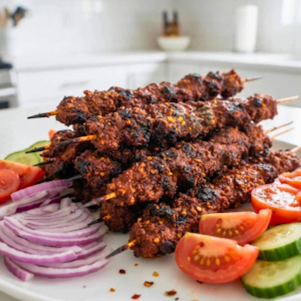 Nigerian Suya skewers served with tomatoes and salad