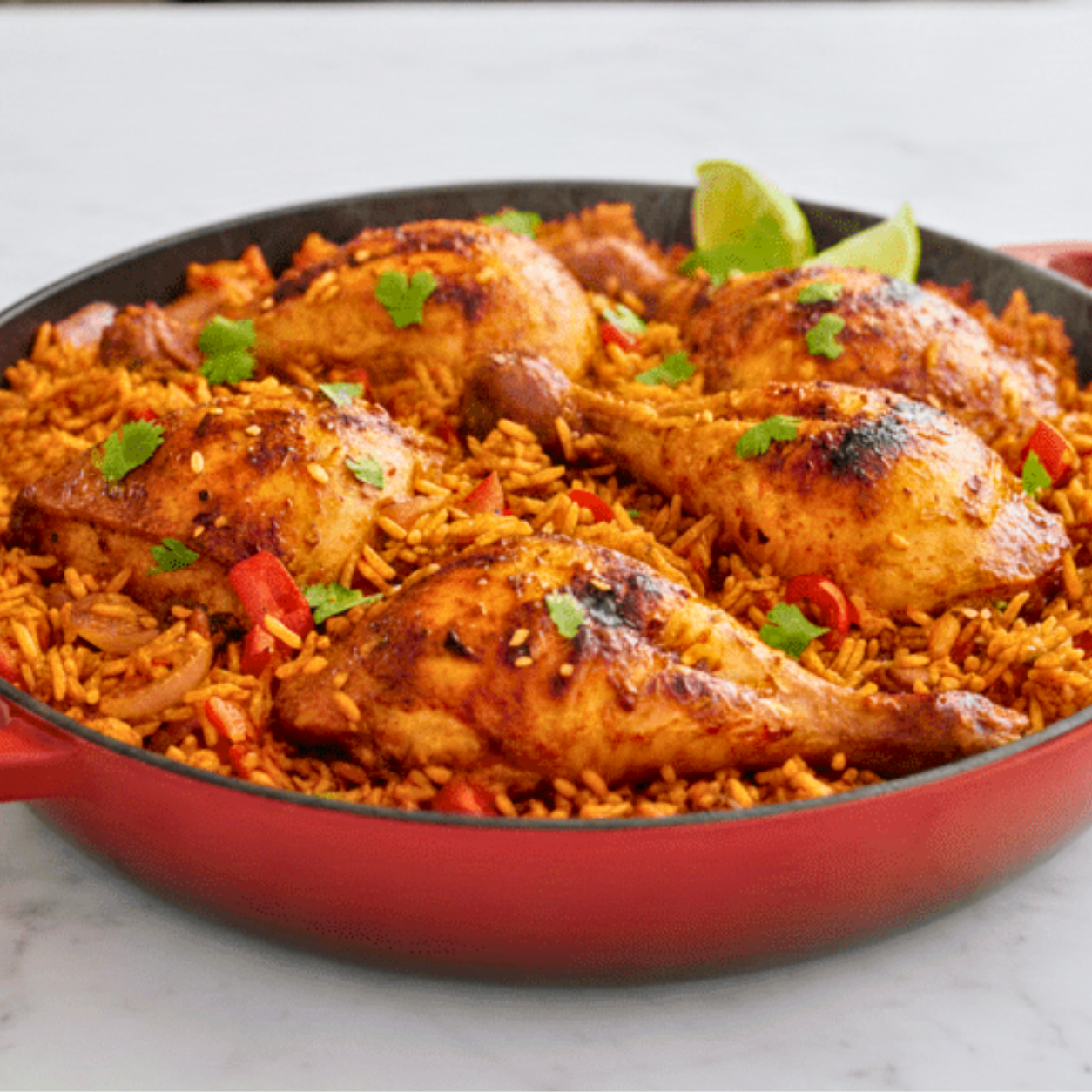 Peri Peri Jollof Rice and Chicken on a pan