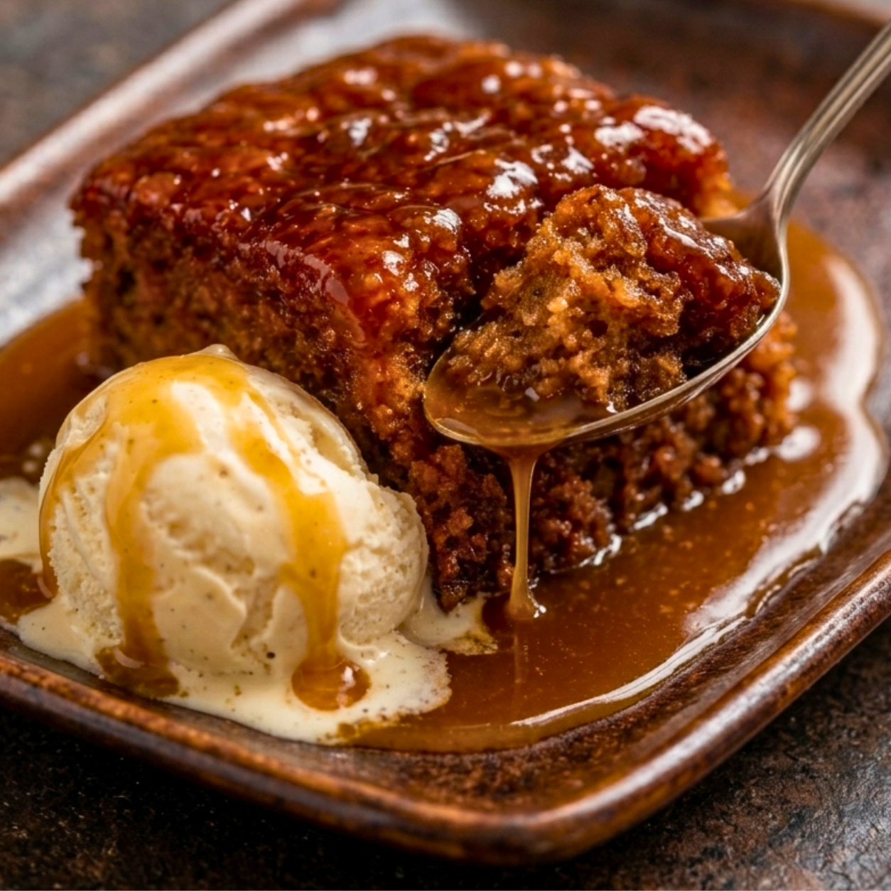Malva pudding served with ice-cream on a brown plate