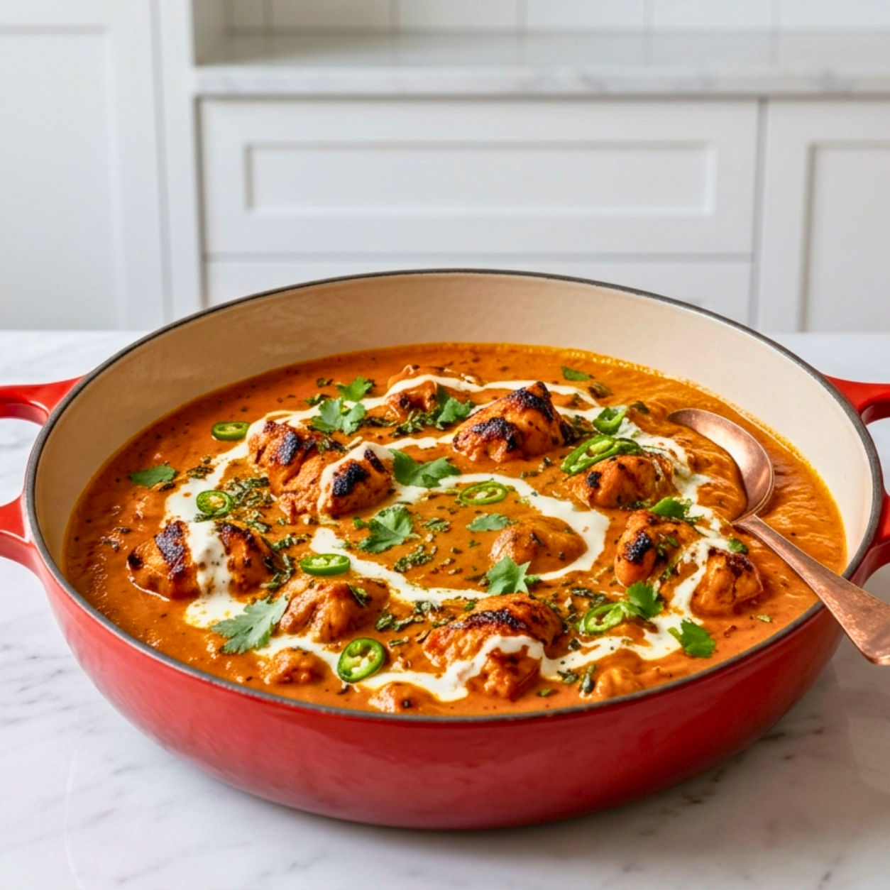 Creamy butter chicken sauce in a red pot on a table